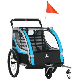 3-in-1 Bike Trailer for Kids, Running Stroller with 2 Seats, Jogging Cart with 5-Point Harness, Storage Units, Blue (Option: Blue-750x220x860 mm)