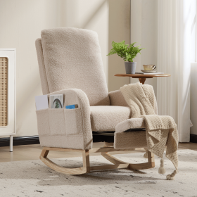Modern Accent Rocking Chair  with Solid Wood Legs, Upholstered Nursery Glider Rocker, Comfy Armchair with Side Pocket (Color: Beige)