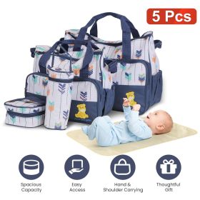 5Pcs Baby Nappy Diaper Bags Set Mummy Diaper Handbags with Diaper Pad Food Bag Bottle Bag Travel Tote Bags For Mom Dad (Color: dark blue)